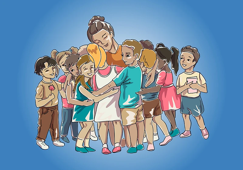 Beautiful cartoon artwork of teacher embracing her students